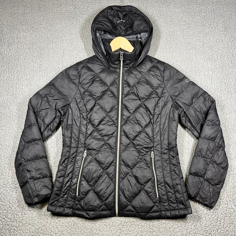 Lucky Brand Womens Black Diamond Quilted Down Puffer Jacket Hooded Size M